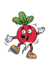 A cartoon radish character with a happy face and green leaves, wearing yellow sneakers and dancing. Vector illustration on a white background with cheerful expression and simple design