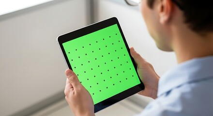 Person holding a tablet with a green screen display, viewed from behind.