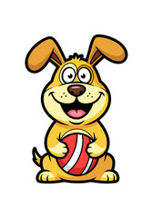 A cheerful cartoon dog with a big smile holds a red and white ball. The illustration is on a clean white background, emphasizing its playful and friendly nature perfect for children's content and