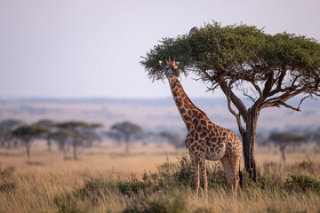 Fototapeta premium A beautiful giraffe stands beneath a tree in a sunlit savanna, set against a soft blue sky and distant hills.