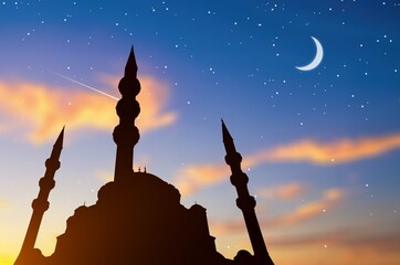 Silhouette of Mosque with moon at sunset.