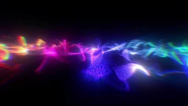 Technology. Big data wave of particles. Futuristic neon glowing surface. Abstract motion background. 4k video. Agentic ai, deep learning, llm concept.