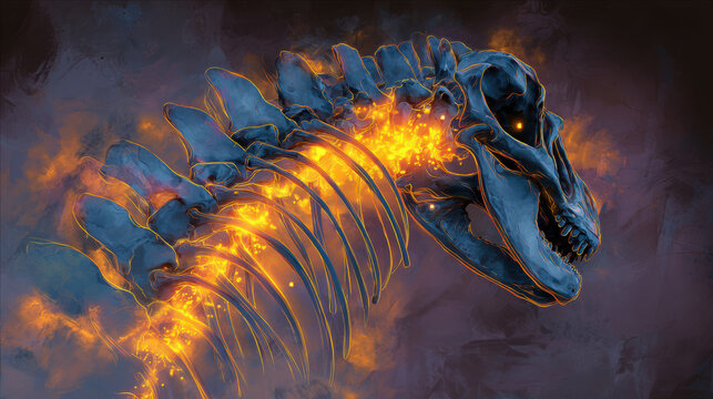 Futuristic skeletal creature with glowing elements showcases potential of crispr in de extinction, blending art and science in captivating way
