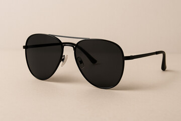 A professional studio shot featuring a pair of classic aviator sunglasses with a sleek matte black metal frame and dark polarized lenses.