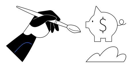 Hand with brush crafting a piggy bank and cloud, symbolizing creativity, financial planning, and innovation. Ideal for finance, art, investment, entrepreneurship, growth savings simple flat