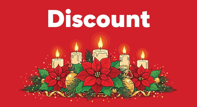 Festive Christmas candles and poinsettias with "Discount" text on red background