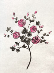an ink painting on washi paper of a rose-like flower, an imaginary flower drawn in sumi, Japanese-style sumi ink art