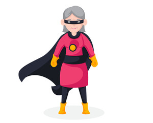 Pixelated Senior Woman in Superhero Costume with Mask and Cape Against Transparent Background Illustration