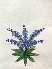 an imaginary blue cluster flower painted in ink on washi paper, ink painting of a fictional flower, Japanese-style sumi ink art