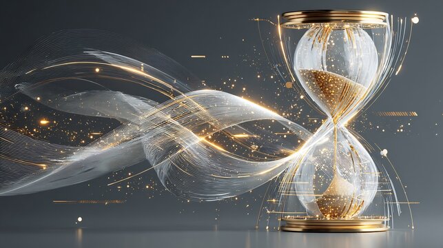 Elegant hourglass with flowing golden particles and abstract light lines, symbolizing time, technology, and future on a dark background.