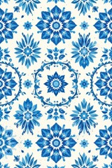 Traditional blue and white floral pattern featu intricate symmetrical designs and detailed ornamental motifs suitable for fabric, wallpaper, and home decor use