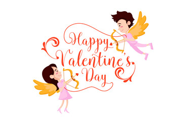 Romantic Happy Valentines Day Celebration with Cartoon Cupid Couple in Pink and Gold Over Transparent Background