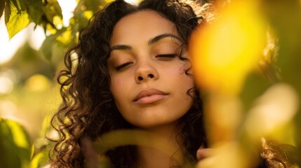 Fototapeta premium A young woman with curly hair and closed eyes is framed by sunlit green foliage