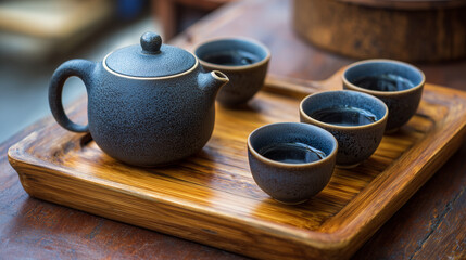 A teapot and four teacups filled with tea on a wooden tray in a close up shot of a tea set up