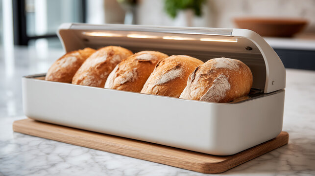Fresh loaves of bread in a modern bread box on a wooden board sitting on a marble countertop indoors