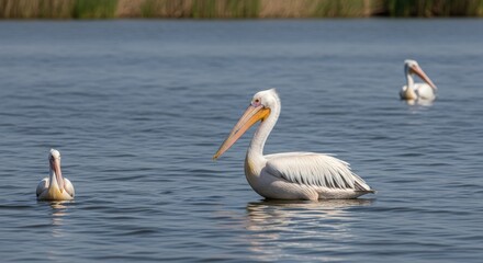 Graceful Great White Pelicans Gliding on Serene Blue Water with Blurred Natural Background