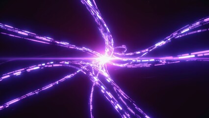 Futuristic glowing data lines converge toward a radiant violet center in a dark digital space, fast data transmission, neural networks, artificial intelligence, and high-tech communication systems