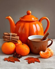 Studio shot of a terracotta pumpkin teapot with chai tea, sitting on an off-white linen placemat. Scattered around are clove-studded oranges and a cinnamon-dusted "mummy" croissant.