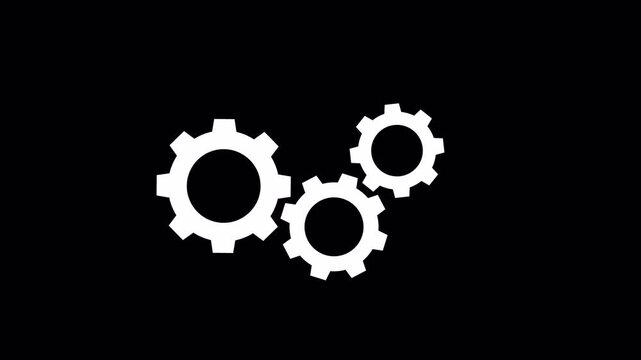 3 white gears spinning on a black background alpha channel. Gears rotating animation. 