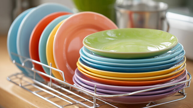 A close up of colorful plates stacked on a metal rack in a kitchen setting with natural lighting - Powered by Adobe