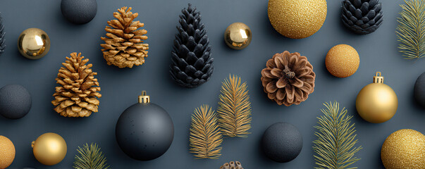 Christmas banner with gold and black pine cones and baubles arranged on dark background for festive decor