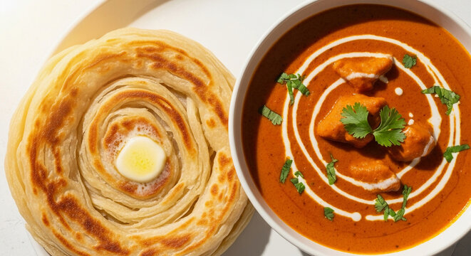 Close-up of homemade Malabar parotta served with creamy butter chicken curry on a bright and clean background