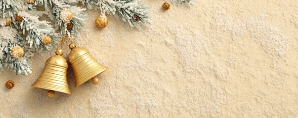 Golden bell decoration with snowy pine branch creates festive Christmas banner with warm holiday spirit on beige background