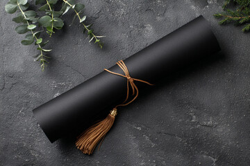 Elegant black scroll tied with string on a dark textured background, with greenery. 