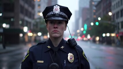 Police Officer Standing in City Street at Night.