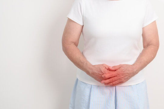 Elderly woman having Bladder pain for concepts of Bladder disease, Cancer Awareness Month May, Cystitis, Bladder Stone, urinary tract infection, UTI, Urethritis, Pyelonephritis, Urinary incontinence
