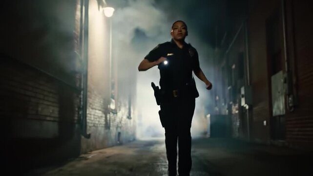 Police Officer Running Through Smoky Alleyway at Night.