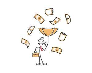 Stick Figure Businessman Shielded by Umbrella from Falling Money on Transparent Background