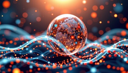 Futuristic digital globe with glowing network connections and vibrant wave patterns representing technology innovation and global connectivity in a modern digital universe
