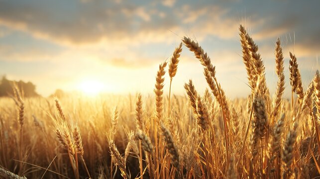Golden wheat field stretching under a soft sunset, with a clear horizon that leaves ample copy space, capturing the warm, tranquil vibe of rural nature during the late afternoon.
