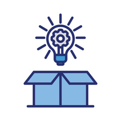 Light bulb in gears coming out of a blue box, representing innovation, creativity, and problem solving solutions. Perfect for technology or engineering designs.