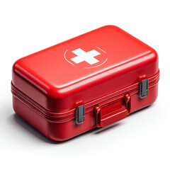Red first aid kit box with a white cross, isolated on a white background for medical and emergency concepts.