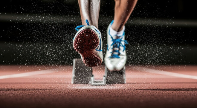 Athlete exploding out of starting blocks on a running track.