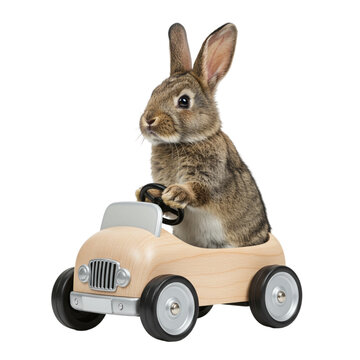 Rabbit in toy car starts adventure, pet's funny adventure, cute animal drive.
