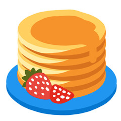 A delightful illustration featuring a tall stack of golden pancakes drizzled with syrup, served on a blue plate alongside a whole and a half strawberry