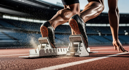 Athlete's feet in starting blocks before a sprint.