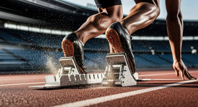 Athlete's feet in starting blocks before a sprint.