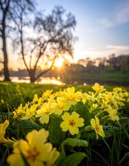 Obraz premium A beautiful low-angle shot of bright yellow Primroses blooming in a grassy field, backlit by the setting sun, with trees and a body of water in the soft background