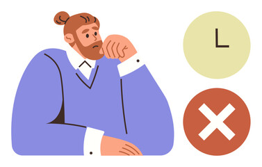 Thoughtful man resting hand on chin, clock-thumbs up circle and rejection cross nearby. Ideal for decision-making, procrastination, rejection, self-reflection, time management, overthinking