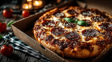 Overhead shot of pizza in box with tomatoes and basil.