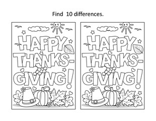 "Happy Thanksgiving!" greeting difference game and coloring page
