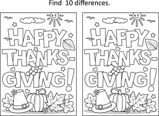 "Happy Thanksgiving!" greeting difference game and coloring page
