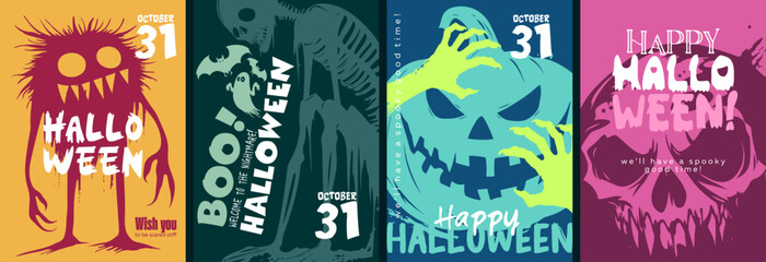Colorful Halloween Posters Featuring Various Creatures and Fun, Attractive Designs