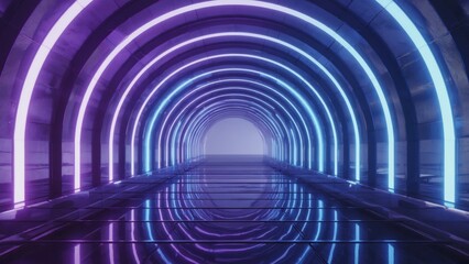 A futuristic neon tunnel with glowing circular arcs of blue and purple light stretches into the distance, technology, science fiction, digital innovation, and the endless journey into the future.