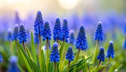 Vibrant blue grape hyacinths (Muscari) bloom in a sun-drenched field, signaling the arrival of spring