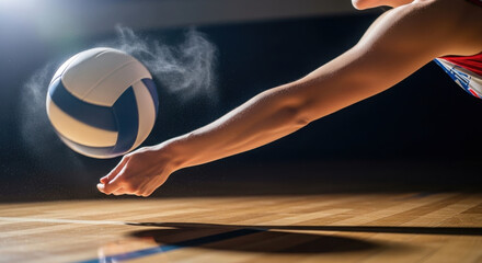 Female volleyball player making a save on the court.